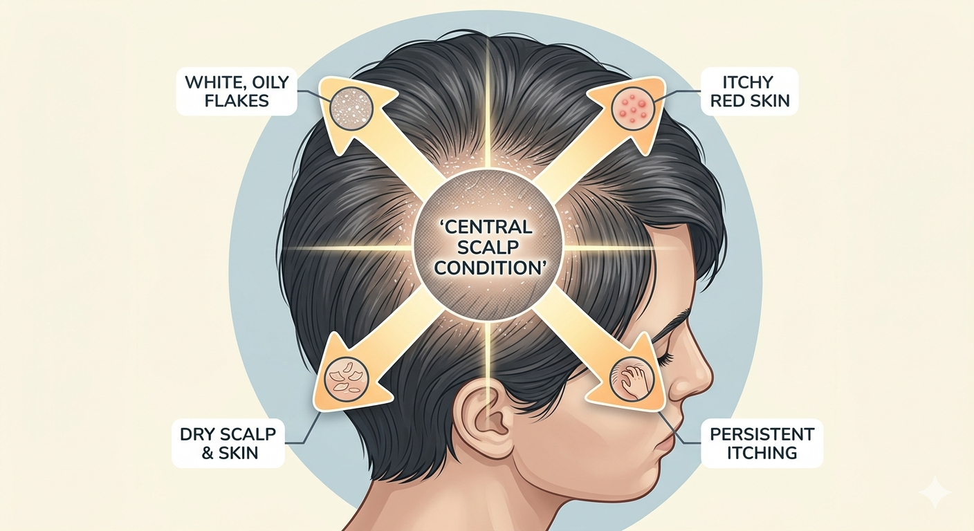 Infographic showing central scalp condition symptoms including oily flakes, persistent itching, red skin, and dry scalp.