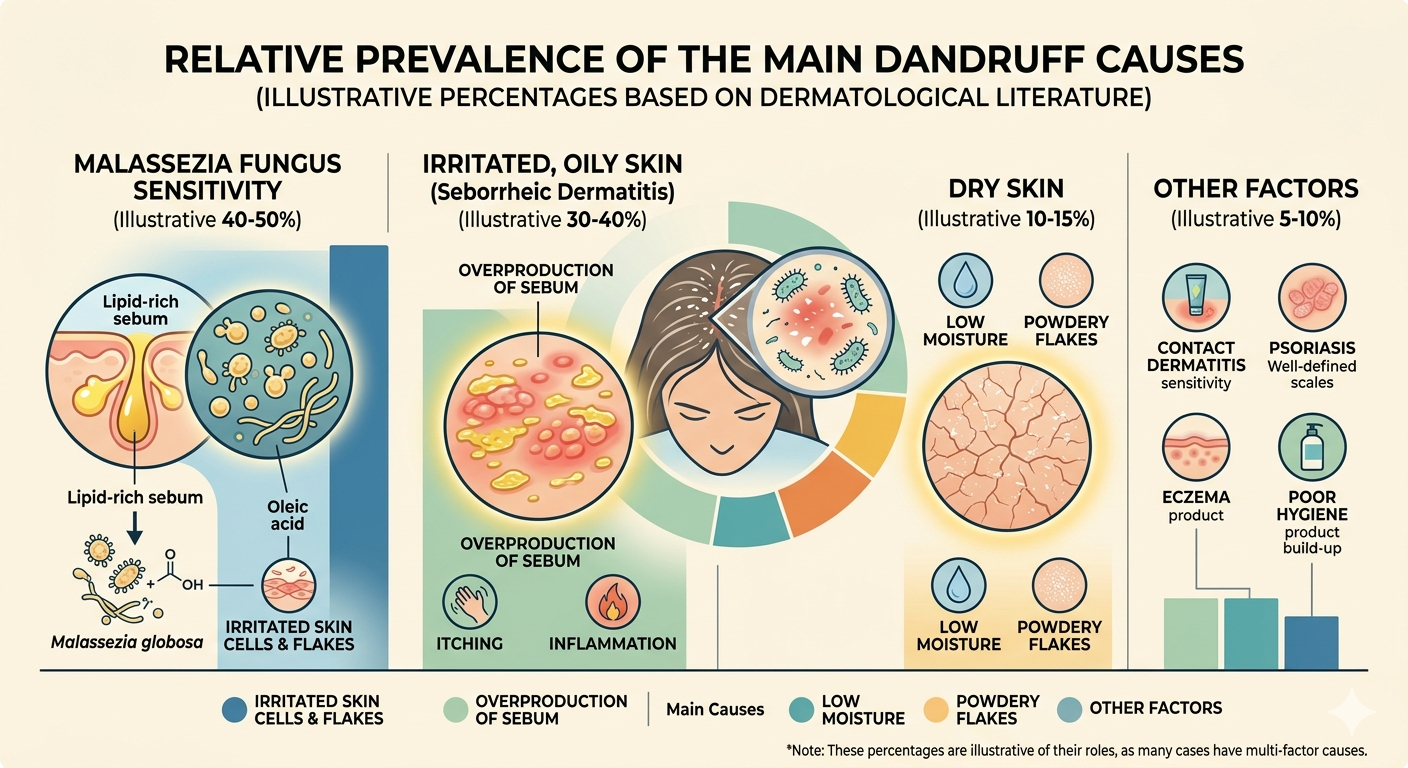 Infographic showing the 5-step process of anti-dandruff shampoo: cleansing, antifungal action, exfoliation, soothing, and scalp protection.