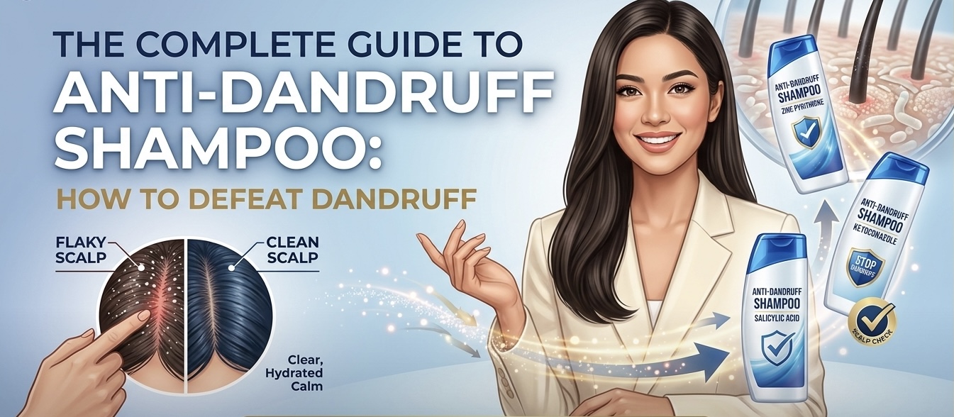 A guide cover for anti-dandruff shampoo featuring a woman, comparison of a flaky vs. clean scalp, and various shampoo types.